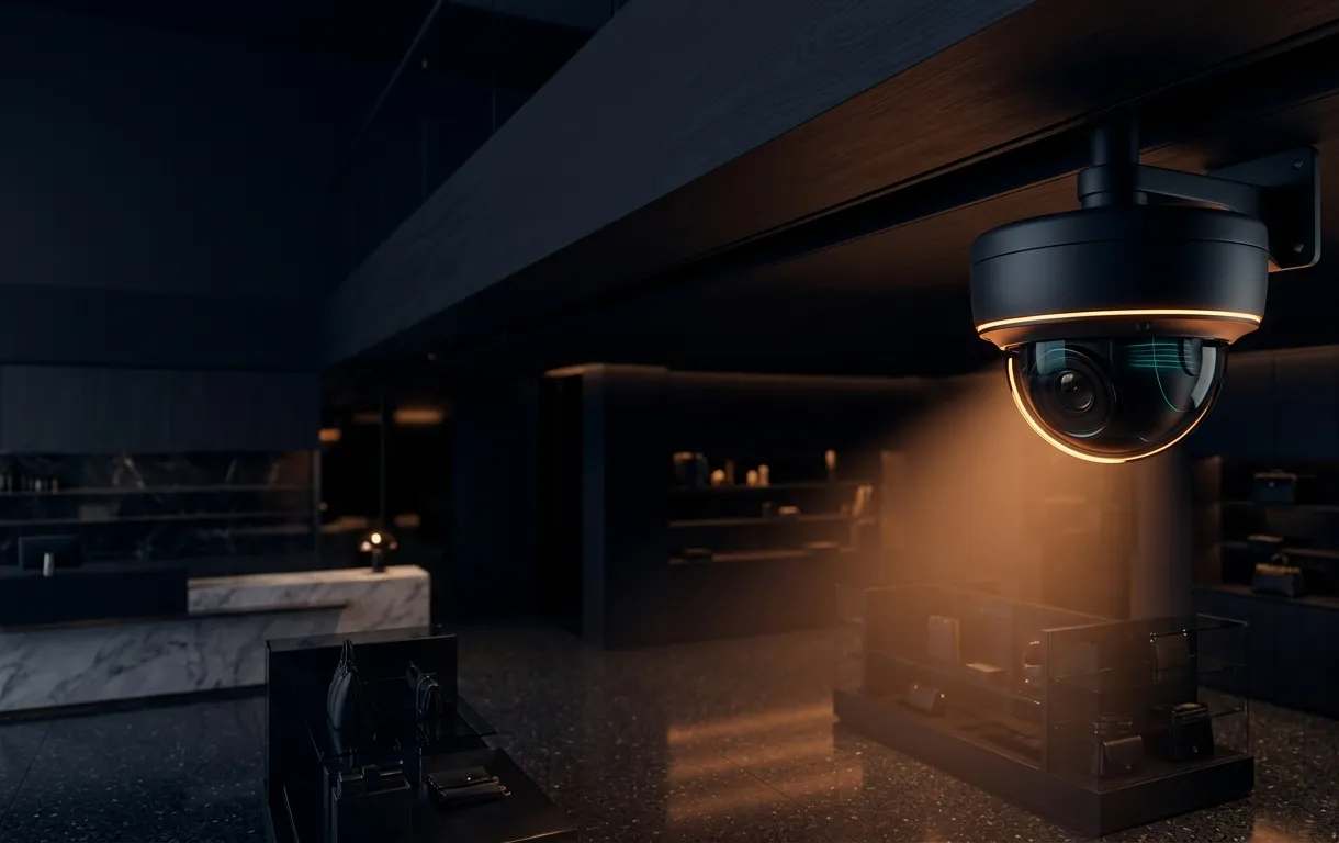 A cinematic retail camera scene at night
